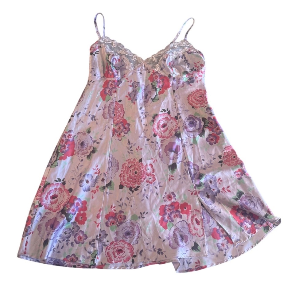 Victorias Secret Purple Floral Satin Lace Trim Slip Dress Chemise Medium - Picture 3 of 9